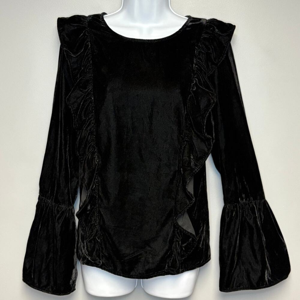 Amaryllis Romantic Regal Goth Ruffle Black Velvet Bell Sleeve Top Womens Sz M